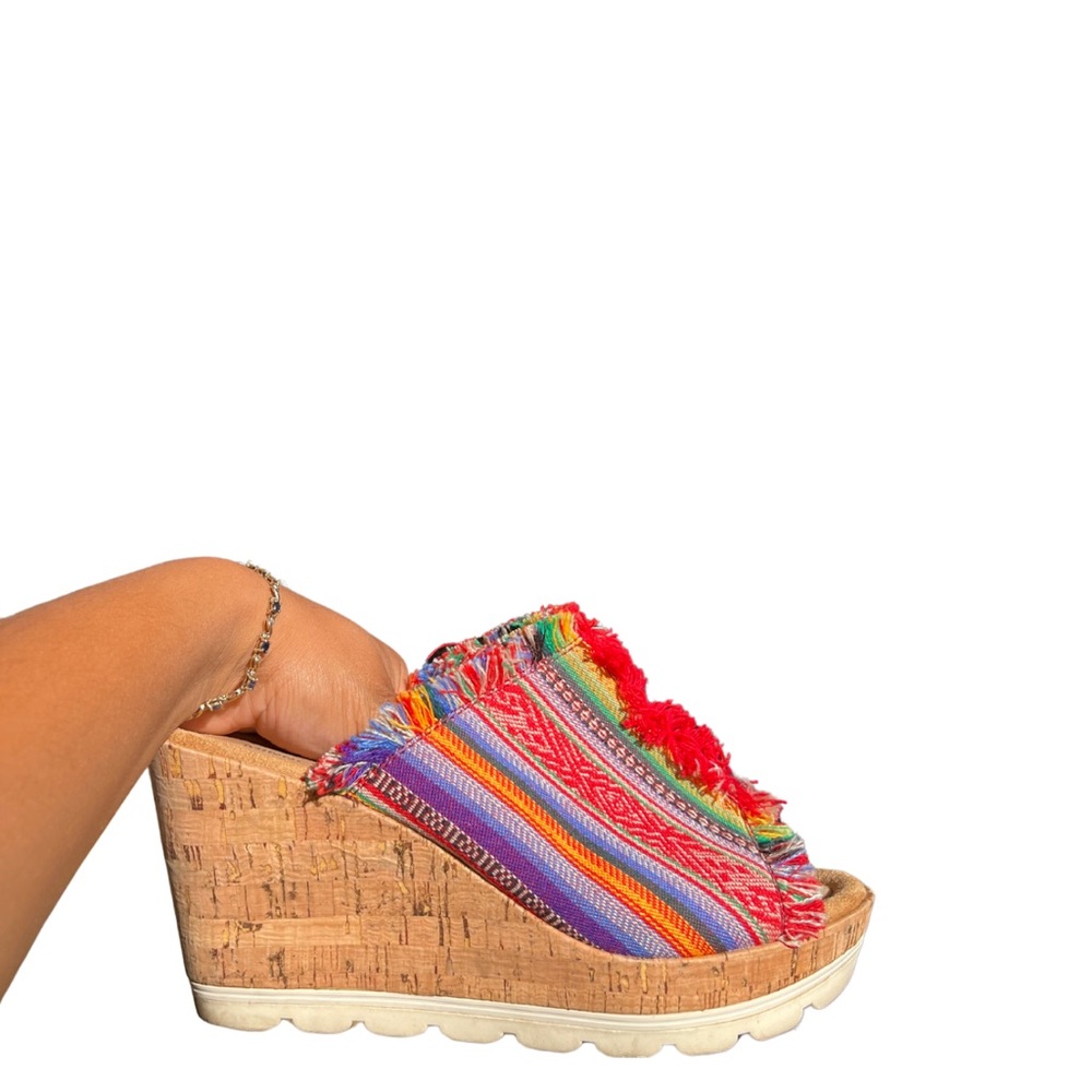 Cork wedge sandals with a colorful, rainbow-inspired design #rainbowshoes